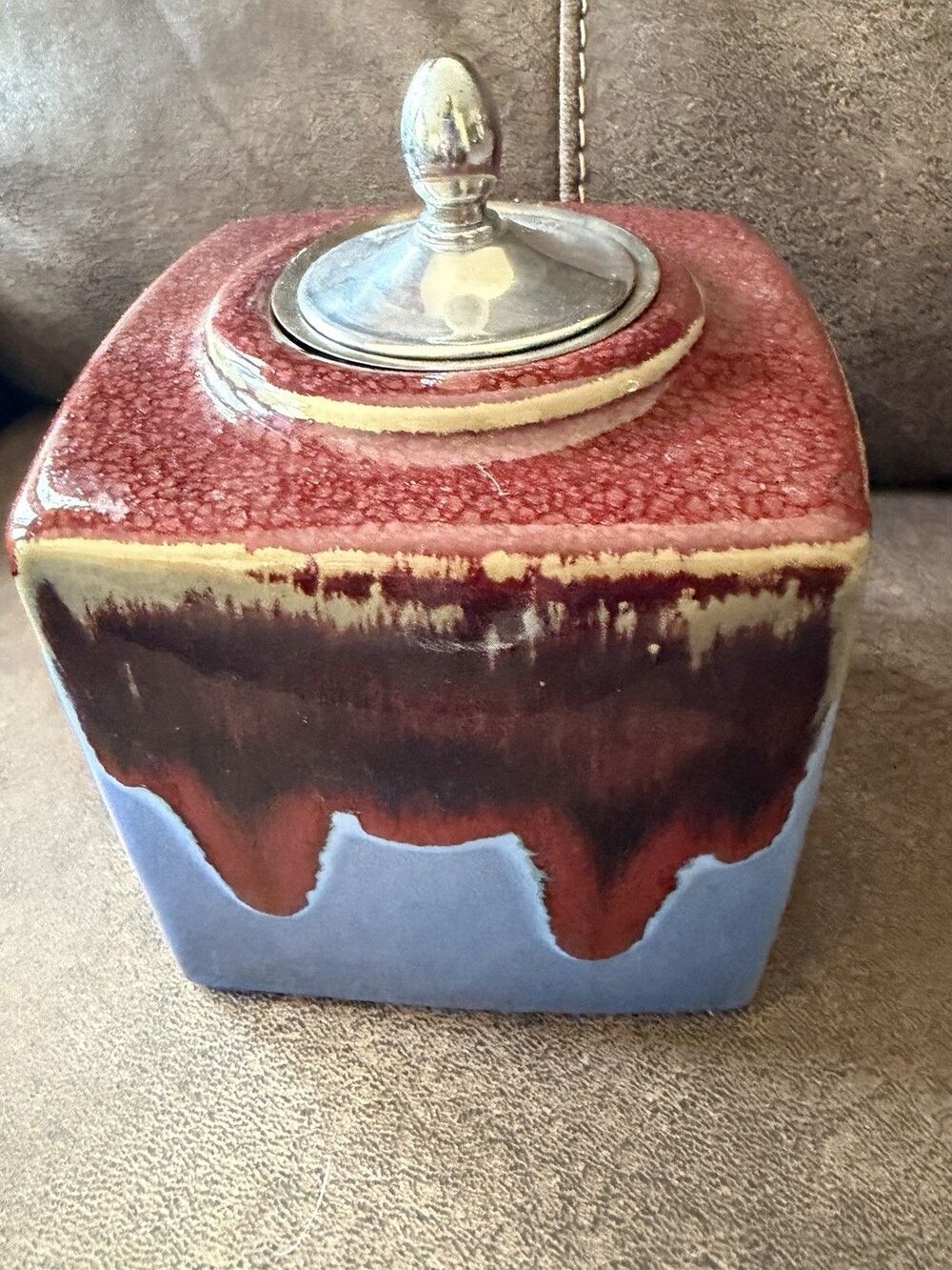 Vtg .Brown & Blue Drip Art Pottery Square Vase Steel Insert Lid Candle Oil Burn